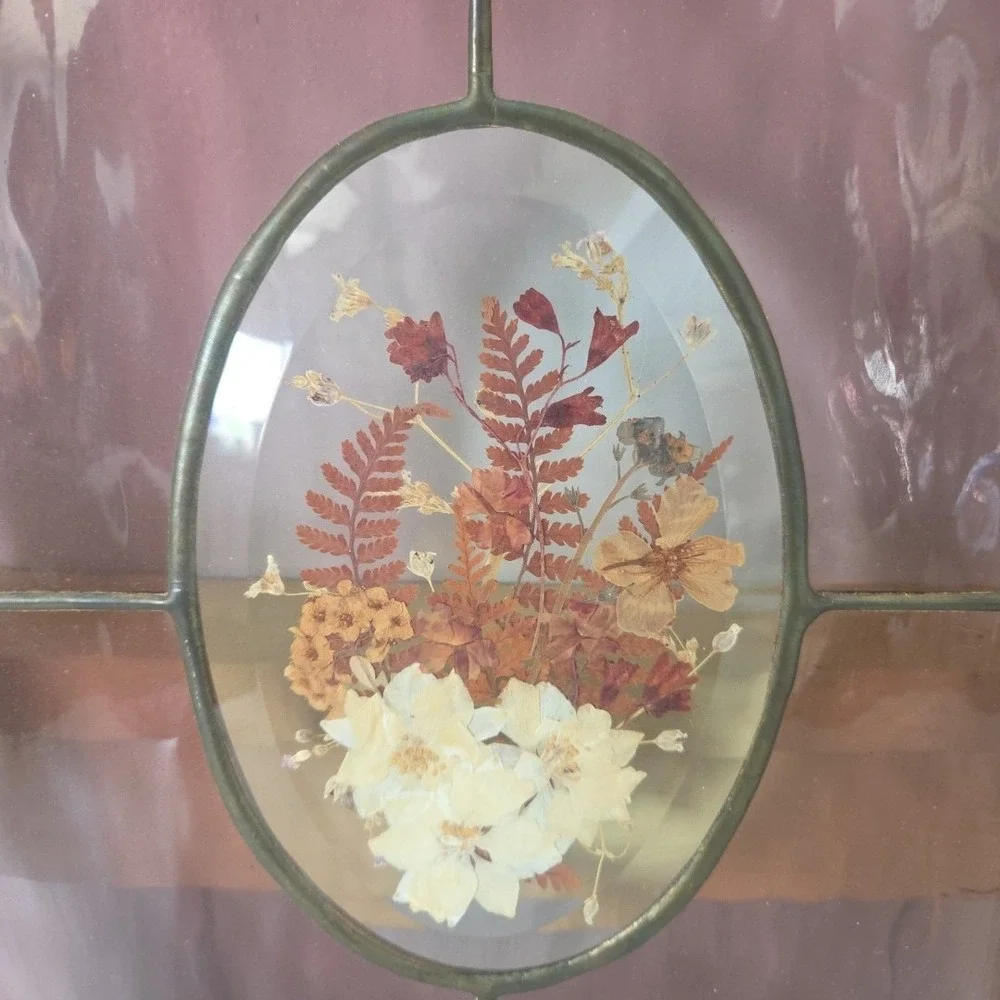 Oak Framed Stained Glass Artwork Dried Flowers Botanical Window Hanging